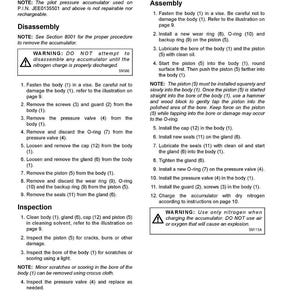 May include: A technical document detailing the disassembly, inspection, and assembly of a pilot pressure accumulator. Includes warnings about nitrogen charging and potential explosion hazards. Features diagrams and step-by-step instructions.