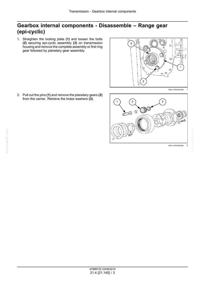 May include: Diagram illustrating the disassembly of gearbox internal components, including bolts, pins, and gears. The image shows the process of removing a range gear, with numbered parts for reference. Text provides instructions.