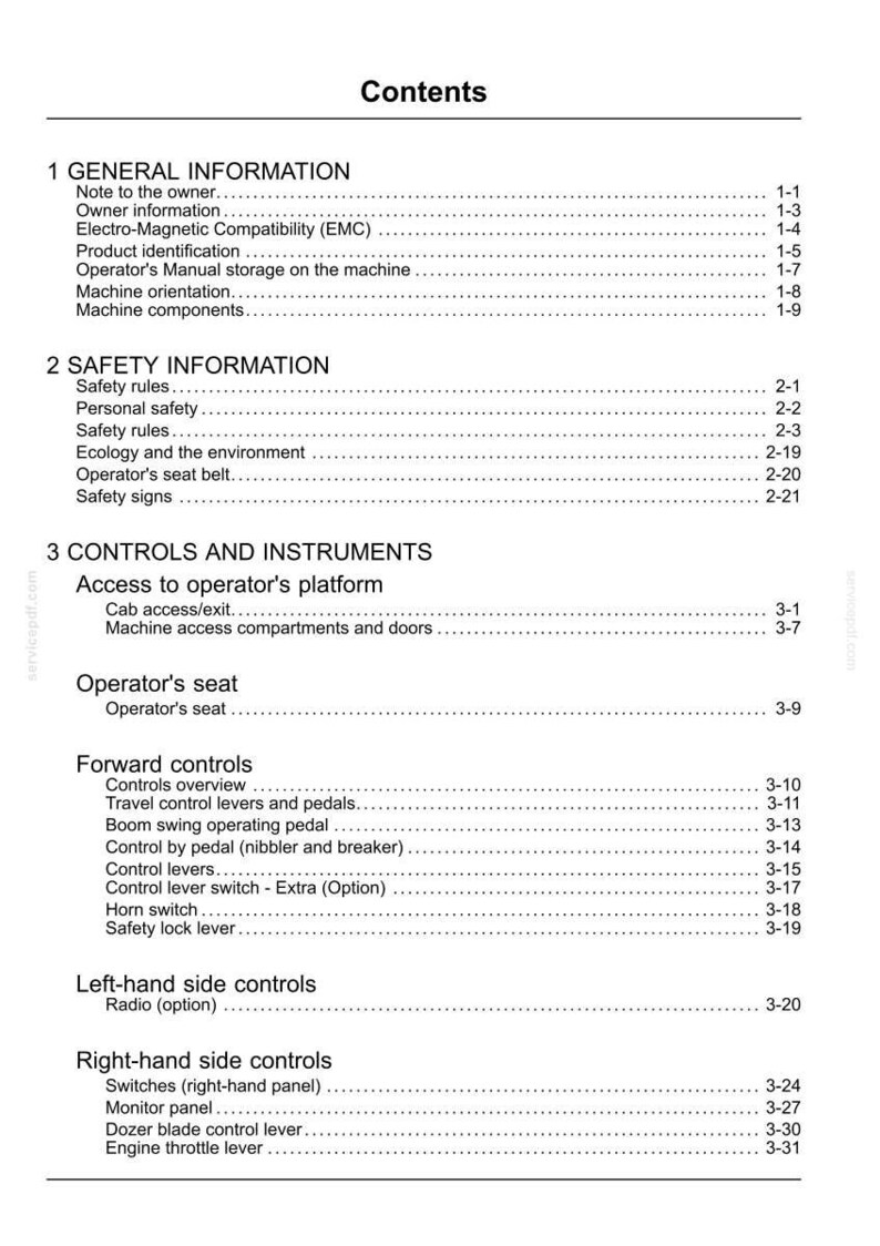 May include: A detailed table of contents from a manual, with sections on general and safety information, controls, and instruments. The text includes topics like operator's seat, forward controls, and safety rules.
