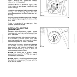 May include: A technical manual page titled SECTION 3 - FIELD OPERATIONS, detailing the procedure for CHANGING THE P.T.O. OUTPUT SHAFT and EXTERNAL P.T.O. CONTROLS. It includes two black and white diagrams labelled 79 and 80 showing mechanical components.