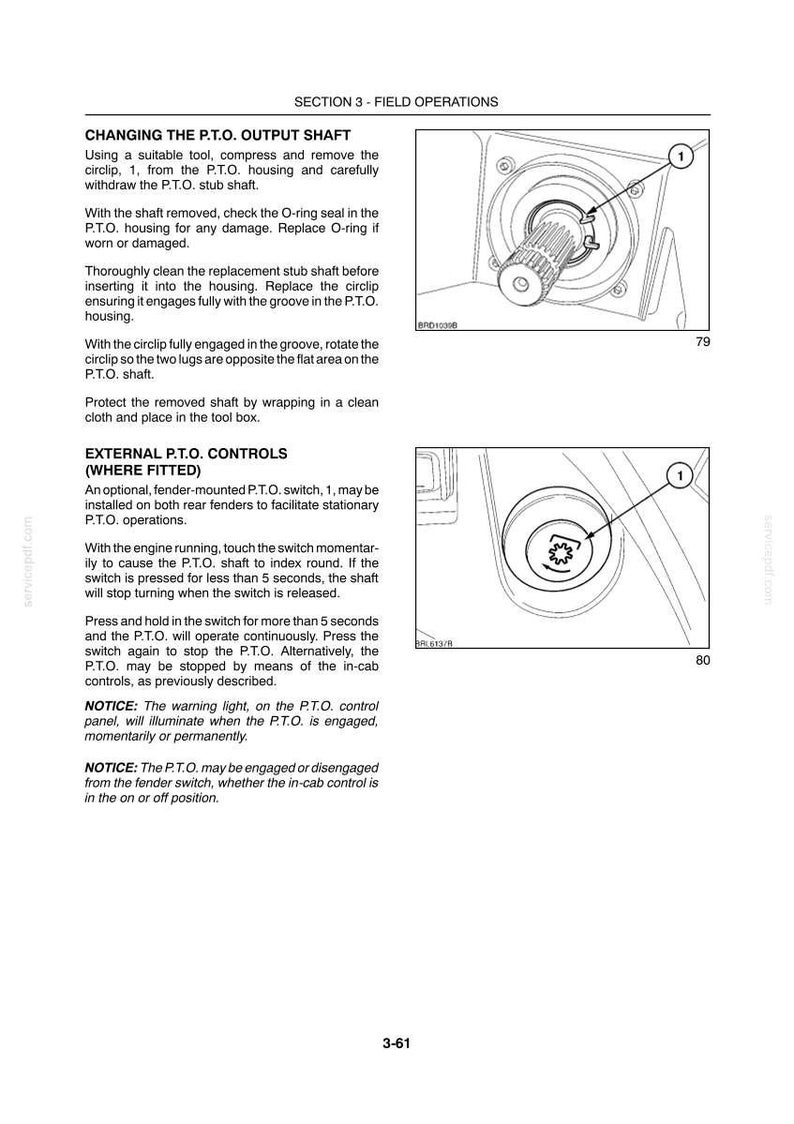 May include: A technical manual page titled SECTION 3 - FIELD OPERATIONS, detailing the procedure for CHANGING THE P.T.O. OUTPUT SHAFT and EXTERNAL P.T.O. CONTROLS. It includes two black and white diagrams labelled 79 and 80 showing mechanical components.