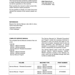 May include: A technical service manual document for CNH Italia S.p.A. wheeled excavators and engines. The text lists models WE190, WE210, WE210 Industrial, WE230, and WE230 Industrial, including a table with print numbers 84291045A and 87704086A.