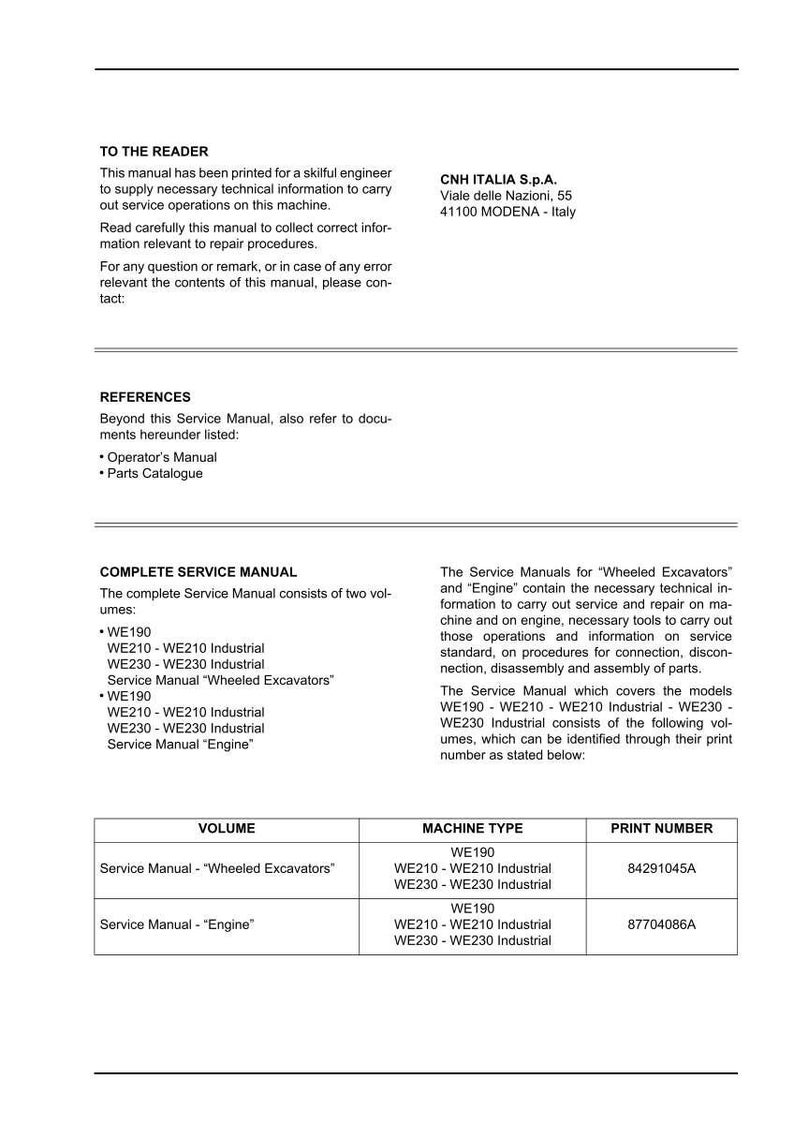 May include: A technical service manual document for CNH Italia S.p.A. wheeled excavators and engines. The text lists models WE190, WE210, WE210 Industrial, WE230, and WE230 Industrial, including a table with print numbers 84291045A and 87704086A.