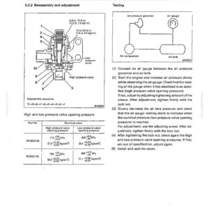 May include: A technical service manual page labeled 61, detailing the reassembly, adjustment, and testing procedure for an air pressure valve. It includes a cross-section diagram, a testing schematic, and a table of nominal pressure values in kPa.