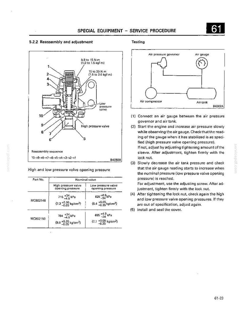May include: A technical service manual page labeled 61, detailing the reassembly, adjustment, and testing procedure for an air pressure valve. It includes a cross-section diagram, a testing schematic, and a table of nominal pressure values in kPa.