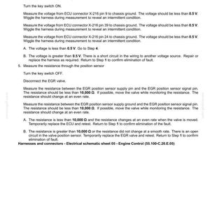 May include: A page from an electrical systems manual detailing fault codes. The text provides instructions for measuring voltage and resistance in a vehicle's electrical system, including steps for diagnosing issues related to the EGR valve.