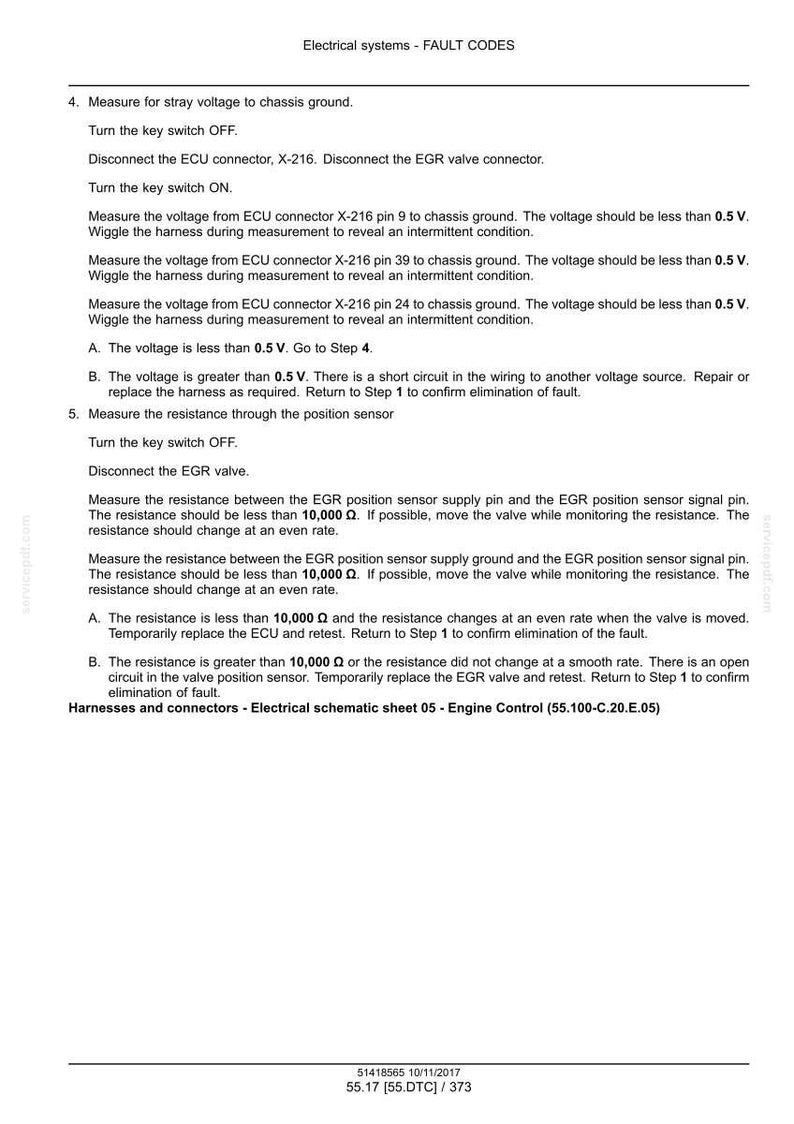 May include: A page from an electrical systems manual detailing fault codes. The text provides instructions for measuring voltage and resistance in a vehicle's electrical system, including steps for diagnosing issues related to the EGR valve.