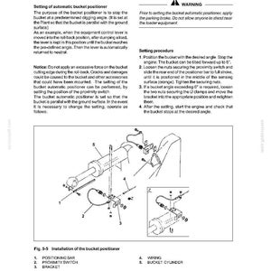 Puede incluir: Diagrama t&eacute;cnico de un manual que ilustra la instalaci&oacute;n de un posicionador de cuchara. El diagrama incluye componentes etiquetados como la barra de posicionamiento, el interruptor de proximidad, el soporte, el cableado y el cilindro de la cuchara. El texto explica el procedimiento de ajuste.