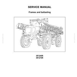 Pu&ograve; includere: Un manuale di servizio New Holland Agriculture in bianco e nero. Il manuale &egrave; intitolato "SERVICE MANUAL" e tratta di "Frames and ballasting". L'immagine mostra un'illustrazione dettagliata di una grande macchina agricola, con i numeri di modello SP.240R e SP.275R.