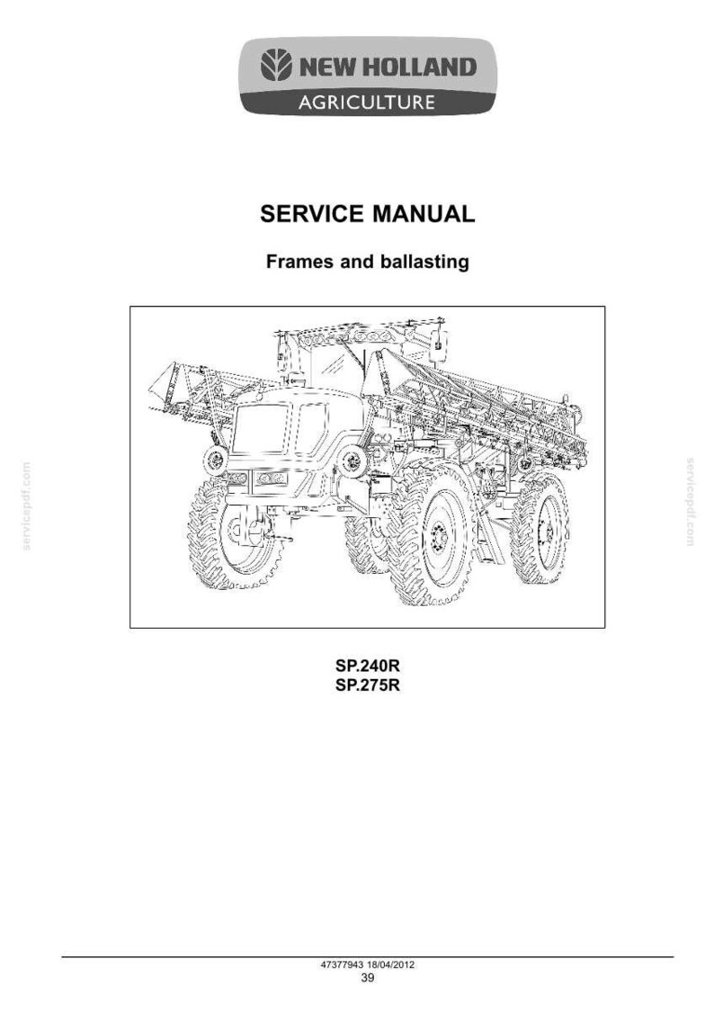 Pu&ograve; includere: Un manuale di servizio New Holland Agriculture in bianco e nero. Il manuale &egrave; intitolato "SERVICE MANUAL" e tratta di "Frames and ballasting". L'immagine mostra un'illustrazione dettagliata di una grande macchina agricola, con i numeri di modello SP.240R e SP.275R.