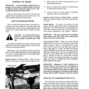 May include: A technical manual page titled OPERATION, detailing instructions for stopping the engine, shifting working speeds, and operating the transmission dump valve. It includes a black and white diagram labeled Figure 23 Transmission Controls.