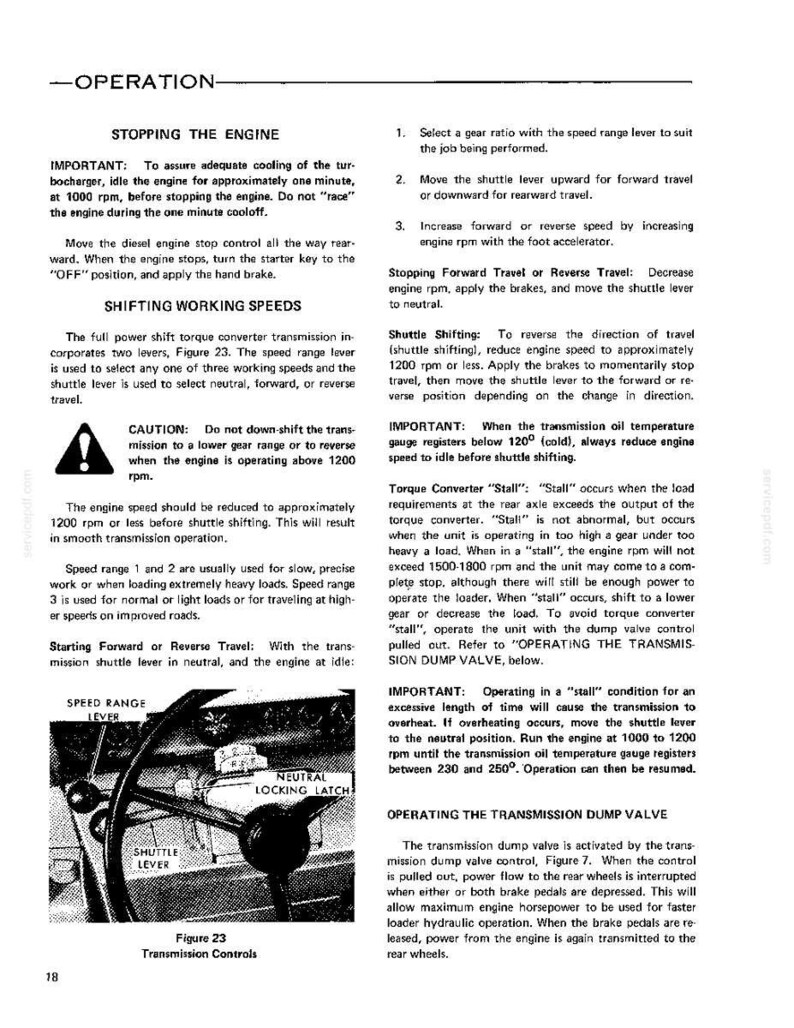 May include: A technical manual page titled OPERATION, detailing instructions for stopping the engine, shifting working speeds, and operating the transmission dump valve. It includes a black and white diagram labeled Figure 23 Transmission Controls.