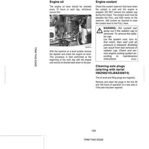 May include: A page from a maintenance manual detailing engine oil and coolant checks. Includes a diagram of an engine and instructions for cleaning axle plugs. Text includes warnings about hot coolant.