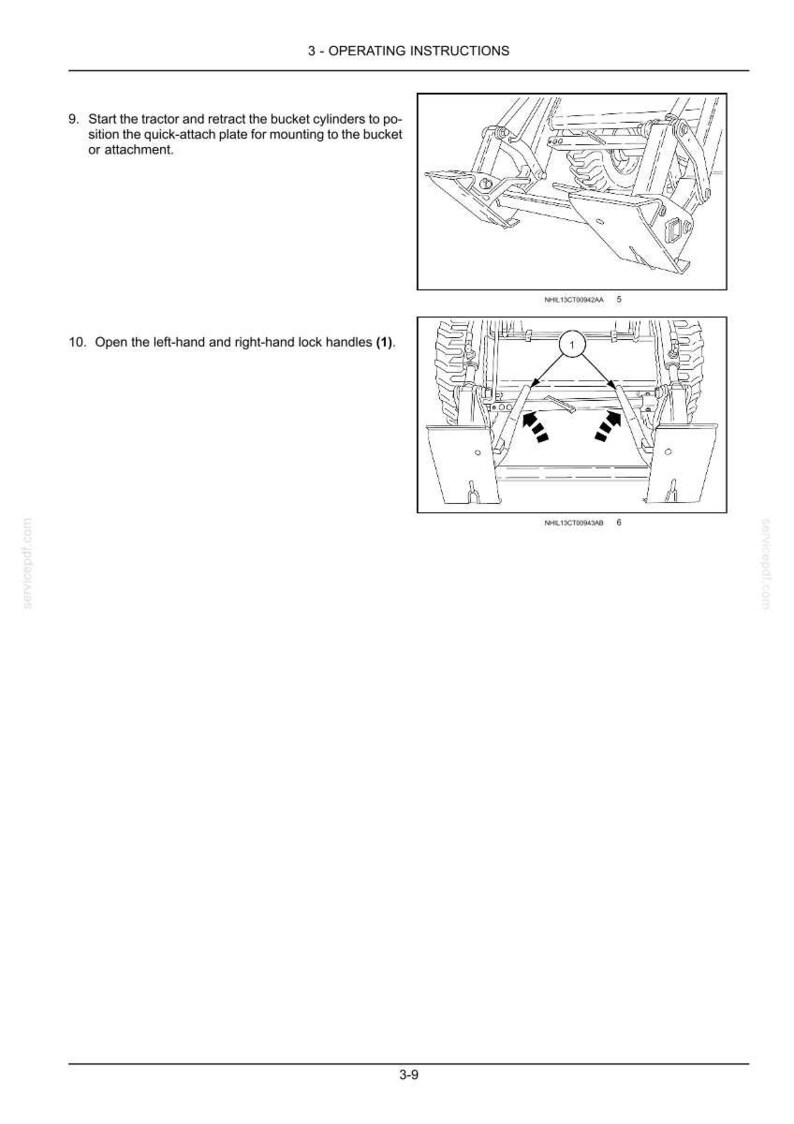 May include: A page from an operating manual titled 3 - OPERATING INSTRUCTIONS. It features two black and white line drawings showing tractor bucket attachment procedures, including numbered labels and text instructions for operating lock handles.