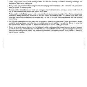 May include: A page from a manual titled "2 - SAFETY INFORMATION" with the heading "SAFETY INSTRUCTIONS." The text provides safety guidelines, including wearing eye protection, and instructions for hydraulic breakers. The page number is 2-1.