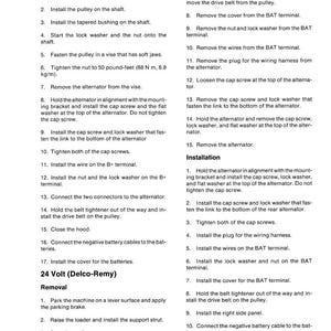 May include: A page from a manual detailing the installation and removal of a 24 Volt (Delco-Remy) alternator. Instructions include steps for the fan, pulley, and wiring, with measurements in pound-feet.