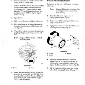 May include: A technical manual page titled Maintenance, detailing instructions for Changing/Draining Oil and Changing Oil Filter. It includes numbered steps, notes, and two black and white line drawings labeled Figure 19 and Figure 20.