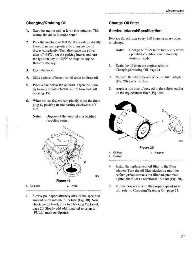 May include: A technical manual page titled Maintenance, detailing instructions for Changing/Draining Oil and Changing Oil Filter. It includes numbered steps, notes, and two black and white line drawings labeled Figure 19 and Figure 20.