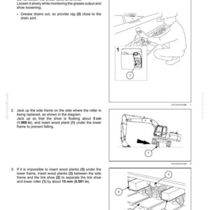 May include: Diagram illustrating the removal of a track frame roller. The image includes numbered steps with accompanying illustrations of the process, including the use of a box wrench, wood planks, and measurements in inches and millimeters.