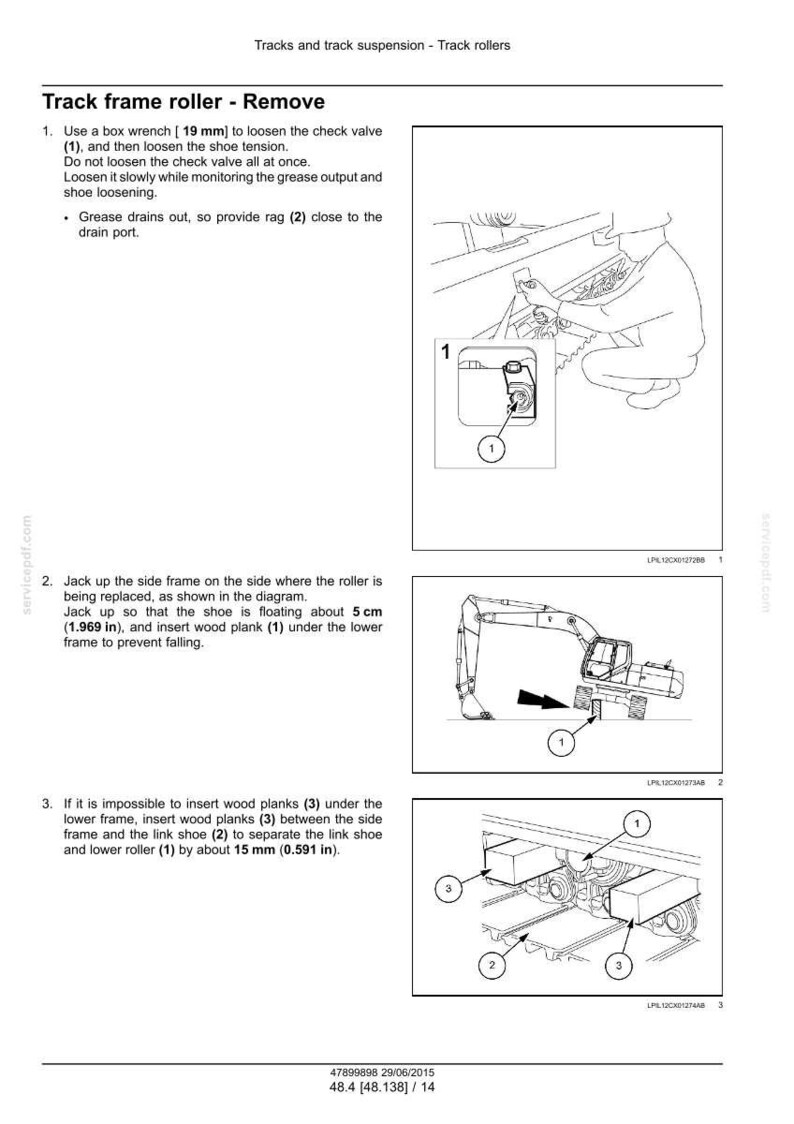 May include: Diagram illustrating the removal of a track frame roller. The image includes numbered steps with accompanying illustrations of the process, including the use of a box wrench, wood planks, and measurements in inches and millimeters.