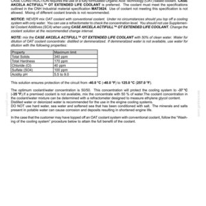 May include: A page from a maintenance manual detailing engine cooling systems. The text describes Organicid Acid Tecnology (OAT) coolant, including specifications for CASE AKCELA ACTIFULL OT EXTENDED LIFE COOLANT and water dilution guidelines.