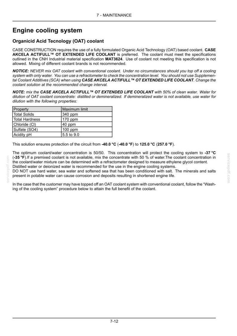 May include: A page from a maintenance manual detailing engine cooling systems. The text describes Organicid Acid Tecnology (OAT) coolant, including specifications for CASE AKCELA ACTIFULL OT EXTENDED LIFE COOLANT and water dilution guidelines.