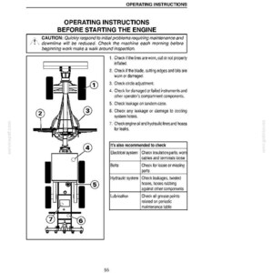Puede incluir: Un diagrama en blanco y negro de una m&aacute;quina con instrucciones de funcionamiento. El texto dice "INSTRUCCIONES DE FUNCIONAMIENTO ANTES DE ARRANCAR EL MOTOR". El diagrama incluye piezas numeradas y una lista de verificaci&oacute;n para el mantenimiento.