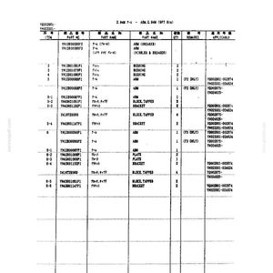 May include: A technical parts list document titled 2.94M ARM 2.94M (9FT 8IN) containing a table with columns for item numbers, part numbers, part names in Japanese and English, quantities, remarks, and applicable model numbers for machinery.
