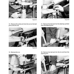 Op de afbeelding: Een pagina uit een handleiding met zwart-wit afbeeldingen die stappen voor autoreparatie illustreren. De afbeeldingen tonen handen die aan mechanische componenten werken, met tekstinstructies zoals "Verwijder de moer" en "Verwijder de ring."