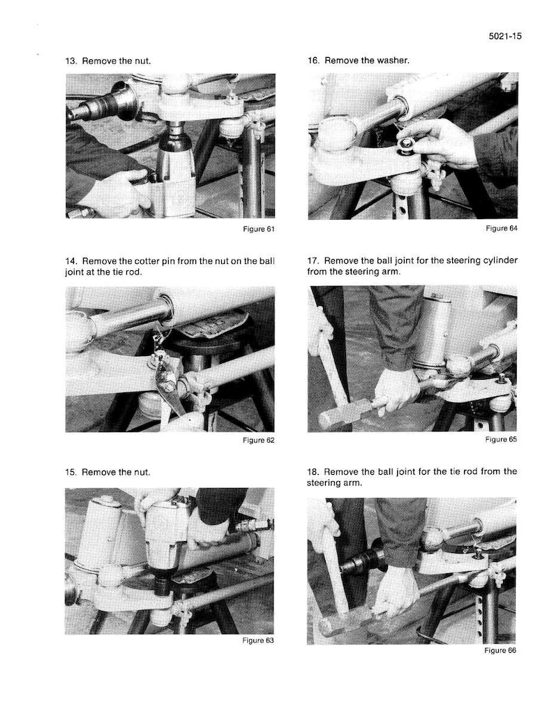 Op de afbeelding: Een pagina uit een handleiding met zwart-wit afbeeldingen die stappen voor autoreparatie illustreren. De afbeeldingen tonen handen die aan mechanische componenten werken, met tekstinstructies zoals "Verwijder de moer" en "Verwijder de ring."