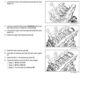 May include: Diagram of an engine crankshaft installation process, with numbered steps and illustrations. Includes torque specifications in foot-pounds and Newton-meters for bearing cap bolts.