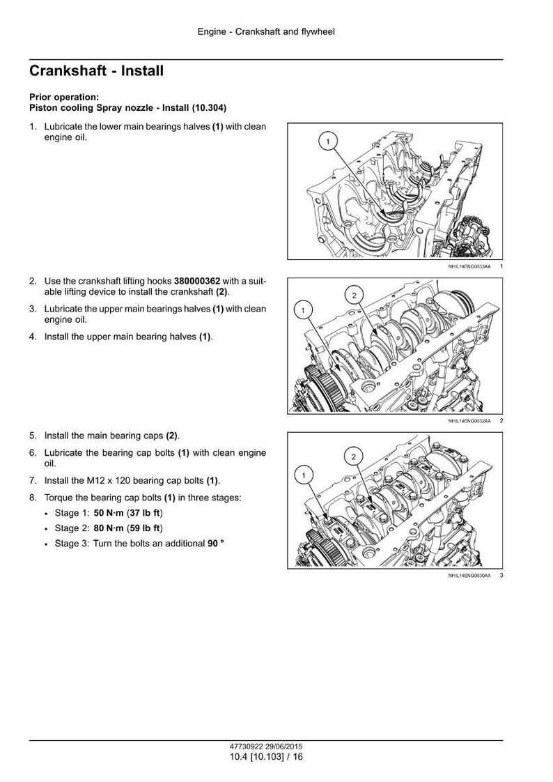 May include: Diagram of an engine crankshaft installation process, with numbered steps and illustrations. Includes torque specifications in foot-pounds and Newton-meters for bearing cap bolts.