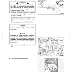 May include: An operator's manual page detailing engine oil exchange procedures. The page includes warnings about hot oil, instructions for draining and replacing oil, and disposal notices. Diagrams and part numbers are also included.