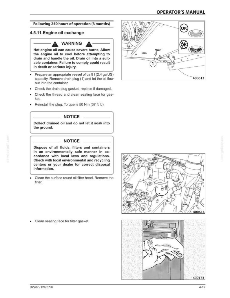 May include: An operator's manual page detailing engine oil exchange procedures. The page includes warnings about hot oil, instructions for draining and replacing oil, and disposal notices. Diagrams and part numbers are also included.