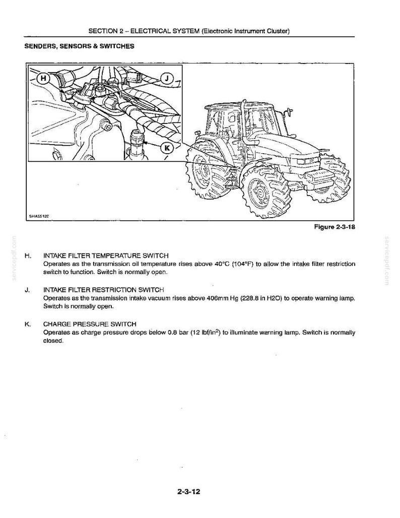 Op de afbeelding: Technisch diagram van een tractor en zijn elektrisch systeem. De afbeelding toont een tractoromtrek en diagrammen van zenders, sensoren en schakelaars, met labels en tekstbeschrijvingen.