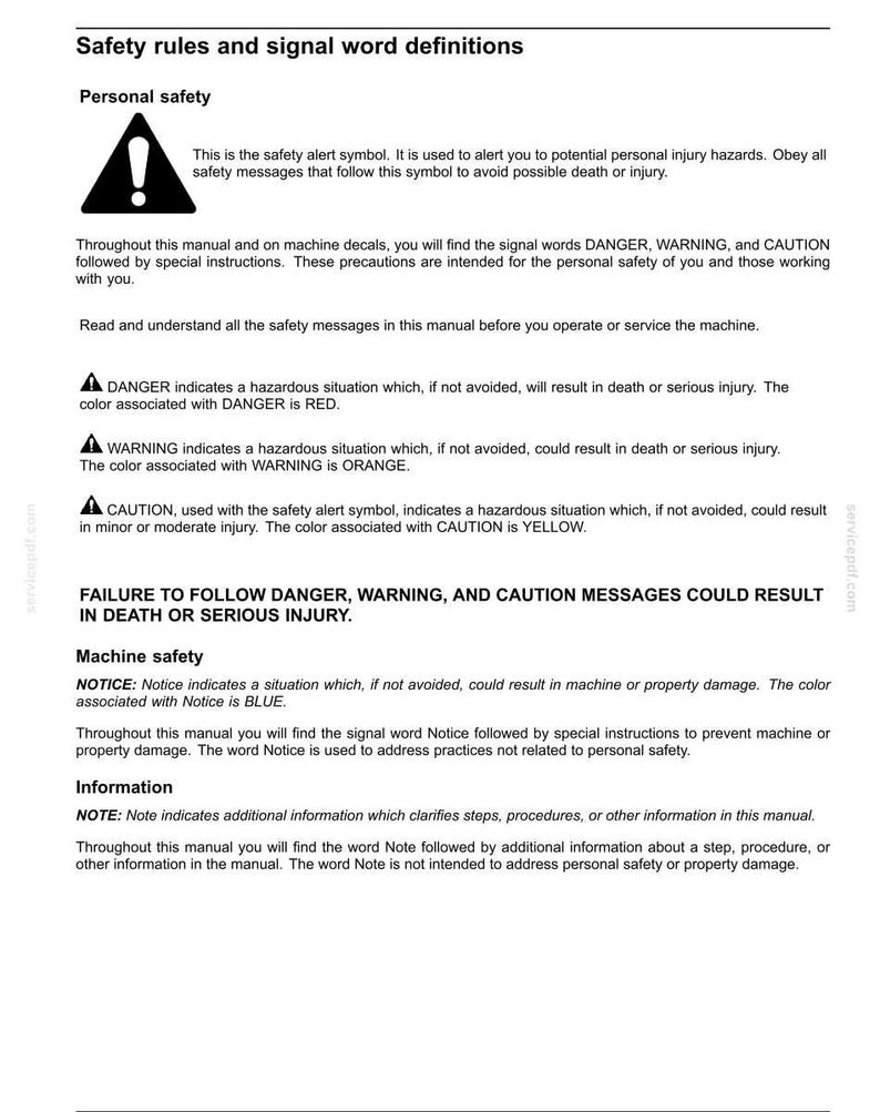 May include: A white document titled "Safety rules and signal word definitions" with safety alert symbols and definitions. Includes warnings for DANGER, WARNING, and CAUTION, with associated colors. Also includes information on machine safety and general notes.