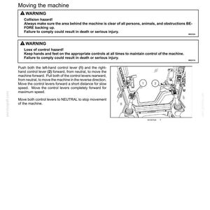 May include: A technical manual page titled Mechanical Hydraulic Controls, featuring instructions for steering and travel. It includes two warning boxes regarding collision and loss of control hazards, and a line drawing of two control levers labelled 1 and 2.