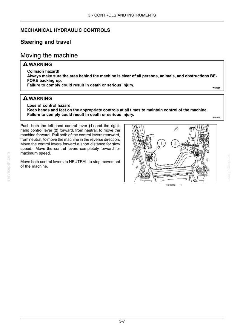 May include: A technical manual page titled Mechanical Hydraulic Controls, featuring instructions for steering and travel. It includes two warning boxes regarding collision and loss of control hazards, and a line drawing of two control levers labelled 1 and 2.