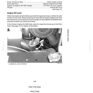 May include: A page from a manual detailing the engine lubrication system. The text includes service specifications, engine oil level instructions, and a diagram of the engine oil level dipstick. The image is in black and white.