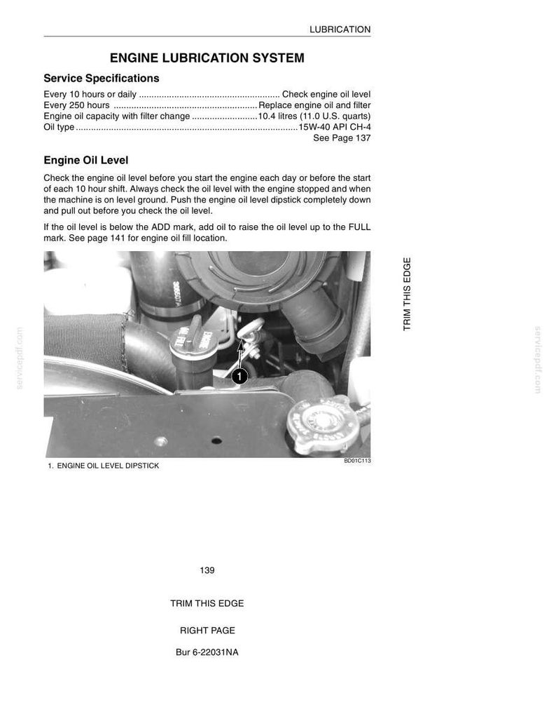 May include: A page from a manual detailing the engine lubrication system. The text includes service specifications, engine oil level instructions, and a diagram of the engine oil level dipstick. The image is in black and white.