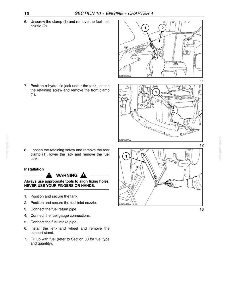 May include: A technical manual page titled SECTION 10 - ENGINE - CHAPTER 4, featuring three black and white line drawings illustrating engine maintenance steps, numbered 10, 11, and 12, with text instructions and a warning about using tools.