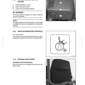 May include: A page from an operating manual with diagrams and text. The manual sections include ventilation and heating controls, and storage instructions. The image shows a fan speed switch and a diagram of the cab's ventilation system.