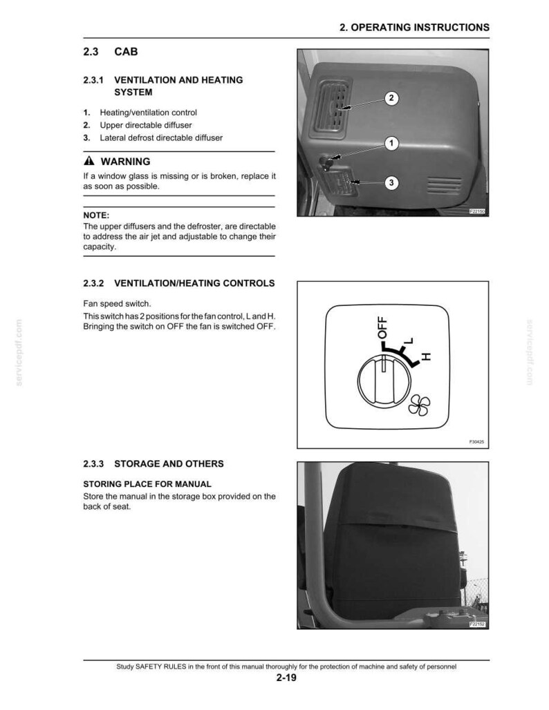 May include: A page from an operating manual with diagrams and text. The manual sections include ventilation and heating controls, and storage instructions. The image shows a fan speed switch and a diagram of the cab's ventilation system.