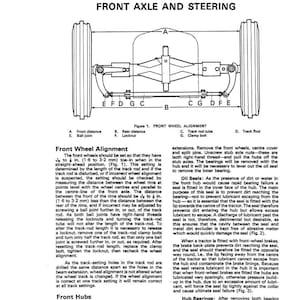 May include: Diagram of a tractor's front axle and steering system, with labels for wheel alignment components. Includes text on front wheel alignment, hub removal, and oil seals, with measurements in inches and fractions.