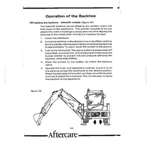 May include: A technical manual page titled Operation of the Backhoe, featuring text instructions and a line drawing of a backhoe machine with a boom, bucket, and stabilizers. The diagram includes arrows indicating lateral movement along the backframe.