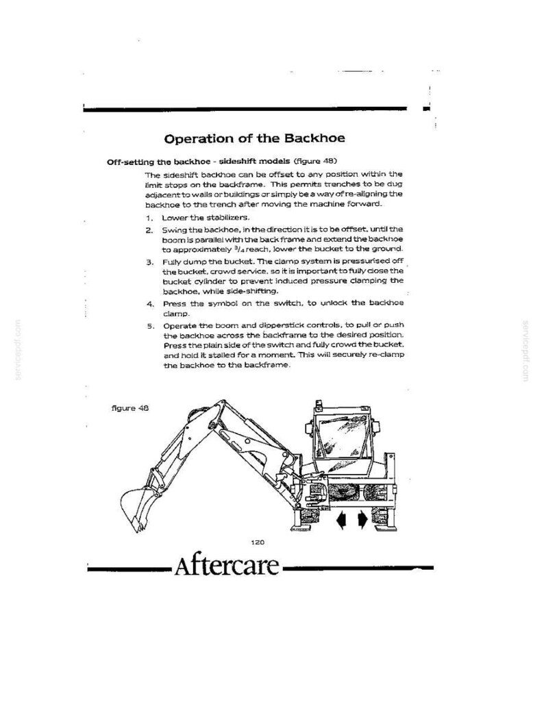 May include: A technical manual page titled Operation of the Backhoe, featuring text instructions and a line drawing of a backhoe machine with a boom, bucket, and stabilizers. The diagram includes arrows indicating lateral movement along the backframe.
