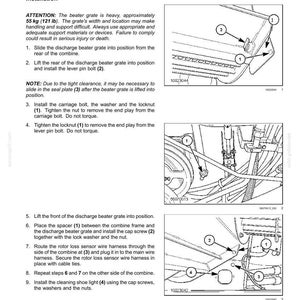 May include: Diagram of a combine's beater grate installation process. Instructions include sliding the grate, installing bolts, and connecting the sensor wire harness. The grate weighs approximately 121 lb.