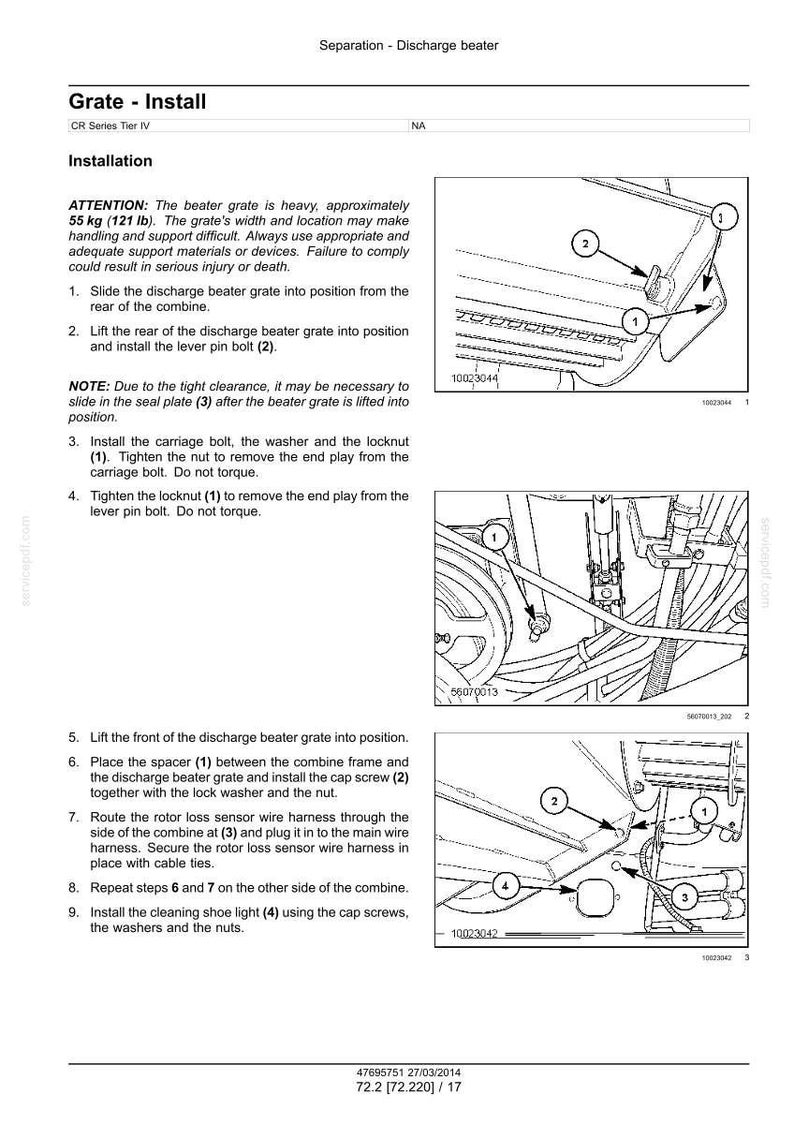 May include: Diagram of a combine's beater grate installation process. Instructions include sliding the grate, installing bolts, and connecting the sensor wire harness. The grate weighs approximately 121 lb.