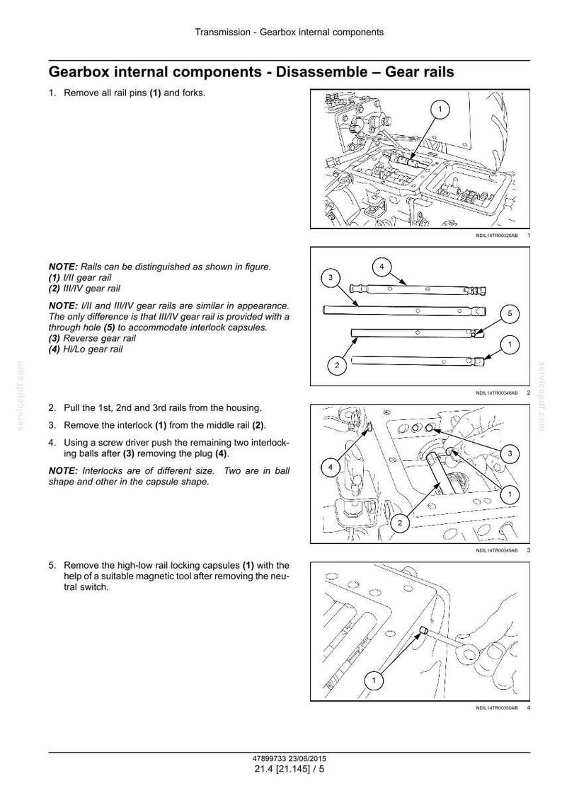 May include: Diagram of gearbox internal components, detailing disassembly of gear rails. Includes illustrations of rail pins, gear rails, interlocks, and capsules. Text provides step-by-step instructions for maintenance and repair.