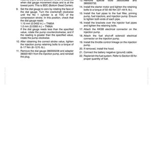 May include: A technical document page titled Section 10 - Engine - Chapter 8, containing numbered instructions 8 through 22 for engine maintenance. The text details procedures for crankshaft rotation, dial gauge settings, and fuel system component installation.